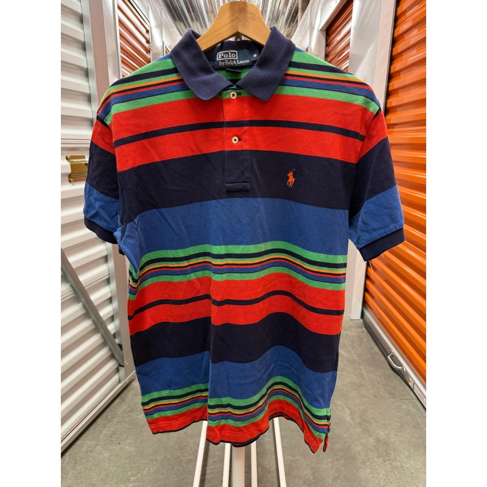 Polo Ralph Lauren Mens M Multi Color Striped Short Sleeve Polo Shirt Blue Red